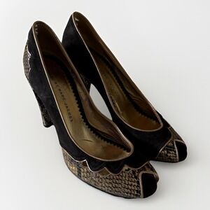 Marc Jacobs Peep Toe Heels Black Suede Snake Print Size‎ 37